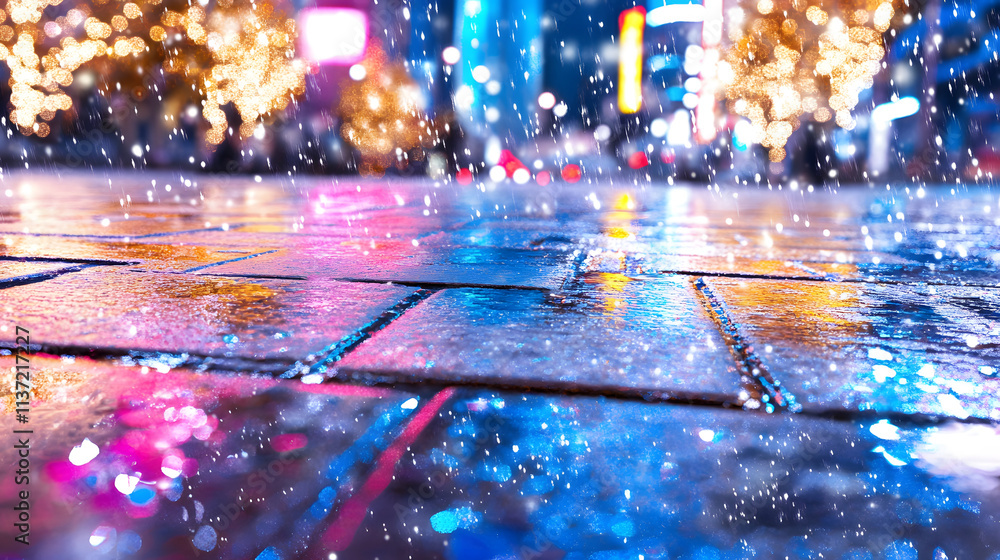 Poster a vibrant city scene reflects colorful lights on wet pavement, creating a dreamy atmosphere with fal
