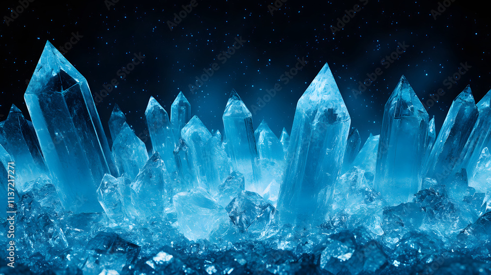Poster a stunning display of blue crystals glistening against a dark background, creating a mesmerizing and