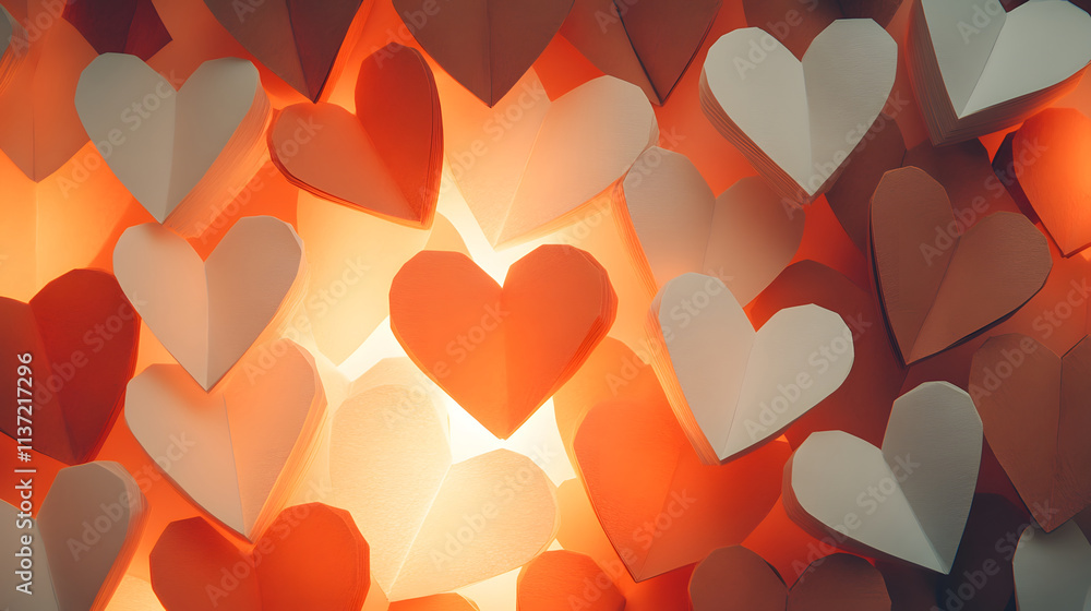 Poster a vibrant display of paper hearts in red and white, creating a warm, romantic ambiance with soft lig