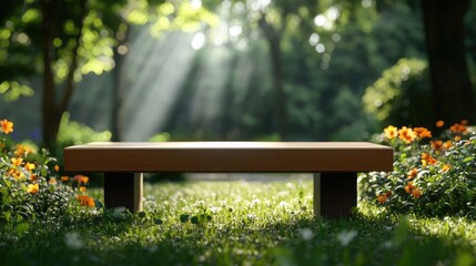 Naklejka premium Serene Garden Bench in Sunlight with Colorful Flowers