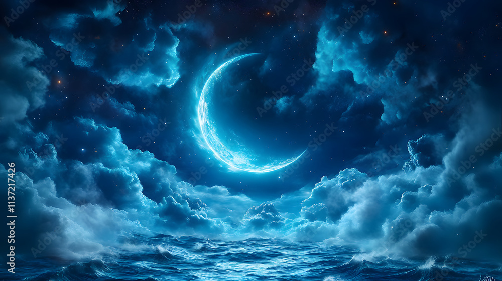 Poster a serene night sky with a glowing crescent moon surrounded by bright clouds and a deep blue atmosphe