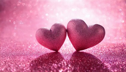 Obraz premium Two pink hearts on glittery shiny background for Valentine's Day love concept 