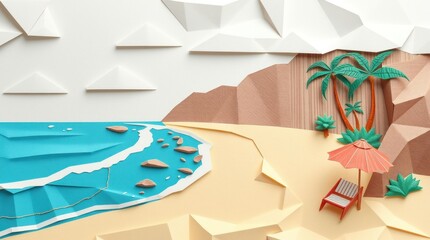 A colorful paper diorama depicting a beach scene with palm trees and a sun umbrella.