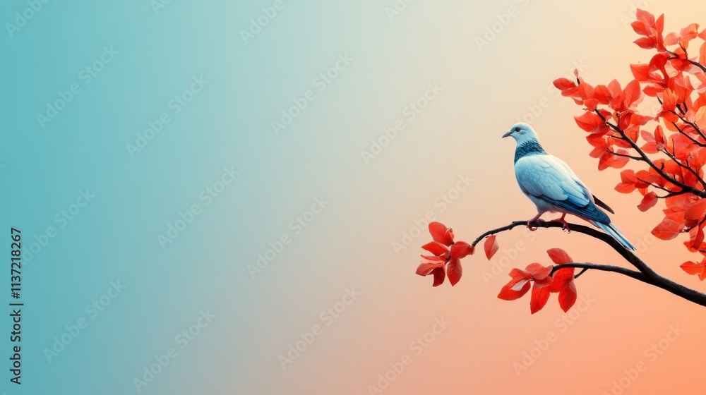 Poster beautiful bird perched on a branch with vibrant red leaves against a soft gradient background