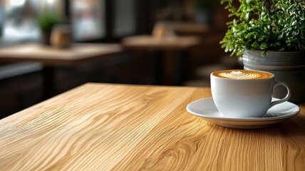 Fototapeta premium A cozy coffee setting featuring a cup of latte art on a wooden table, complemented by a small green plant in a pot.