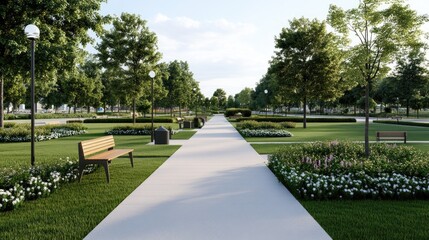 Serene Park Pathway Surrounded by Lush Greenery