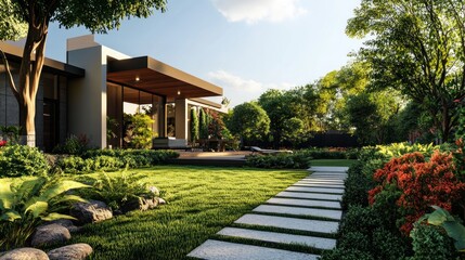 Naklejka premium A serene modern home surrounded by lush greenery and a well-maintained garden pathway.