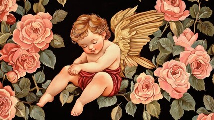 Cupid resting amidst blooming roses, glowing light illuminating the acrylic-painted dark background, text-friendly layout.