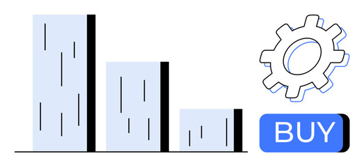 Three declining bar chart columns, a gear icon, and a blue BUY button highlighting business trends and procurement. Ideal for business strategy, e-commerce, financial analysis, investment