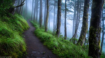 Fototapeta premium Misty Forest Path Winding Through Tall Trees