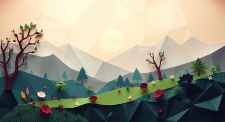 A colorful, geometric landscape with trees, flowers, and mountains under a soft sun.