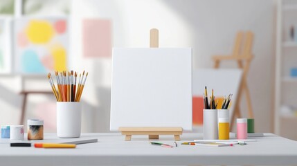 Blank Canvas in an Art Studio with Supplies Nearby