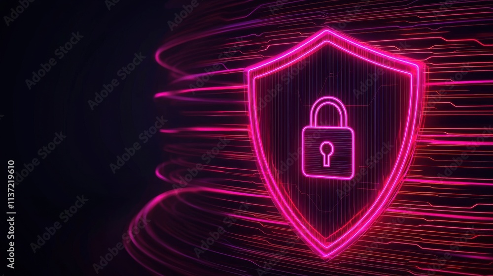 Poster vpn privacy safety lock technology secure concept. neon shield with padlock on a dark background rep