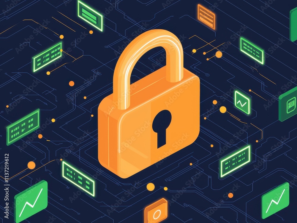 Poster vpn privacy safety lock technology secure concept. digital padlock surrounded by data symbols and gr