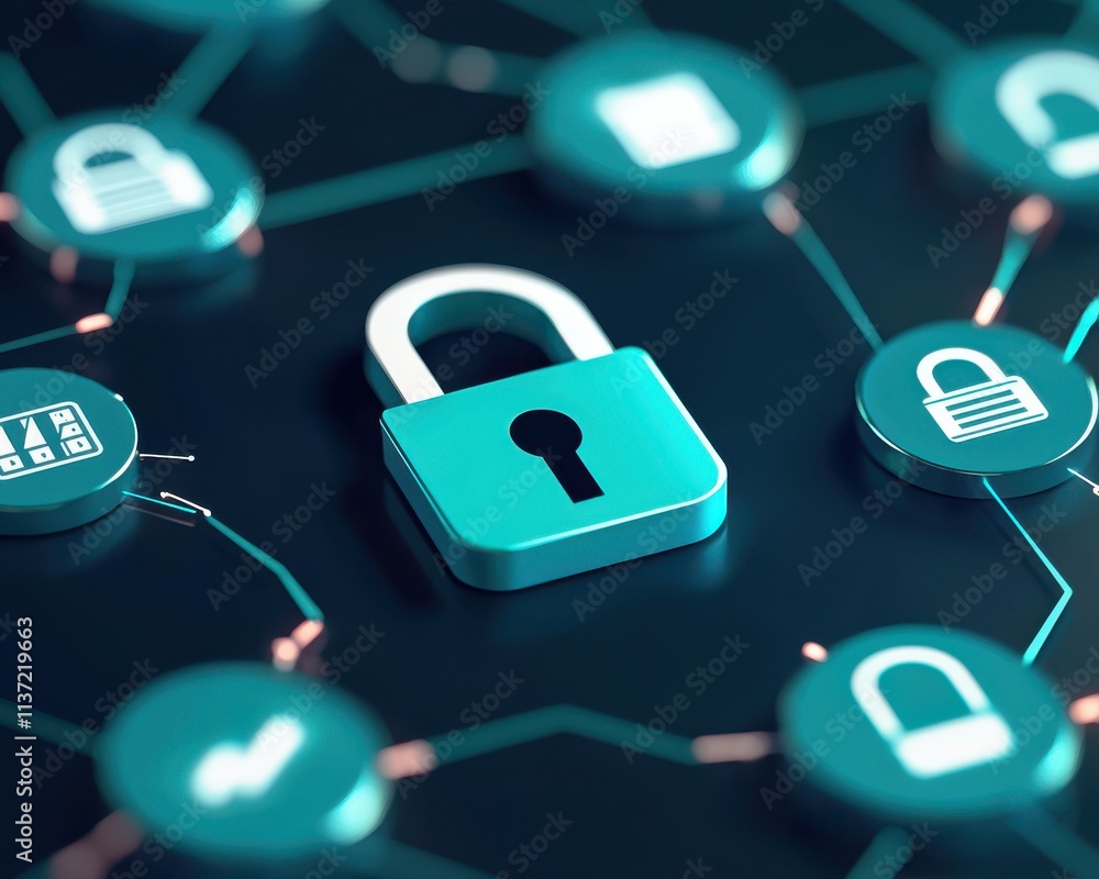 Poster vpn privacy safety lock technology secure concept. digital padlock surrounded by network icons repre
