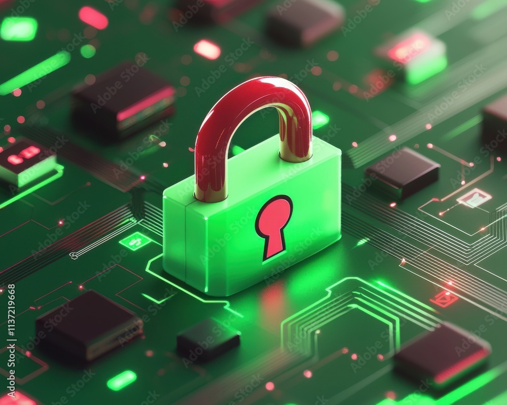 Poster vpn privacy safety lock technology secure concept. digital padlock on a circuit board with glowing e