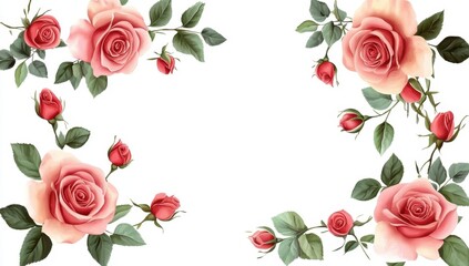 Hermoso fondo blanco con rosas de color rosa dibujadas alrededor de la imagen-  con espacio en blanco central para productos publicitarios. Concepto celebraciones- dia de la madre- San Valentin- bodas