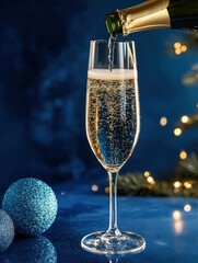 Botella de cava o champan echando un chorro de alcohol dentro de una copa de cristal- sobre fpndo azul con brillantina. Concepto celebraciones de navidad- fin de año- aniversarios- San Valentin