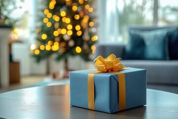 Caja de regalo azul con cinta y lazo amarillo encima de una mesa de café con fondo de salón familiar desenfocado con decoracion moderna y arbol de navidad iluminado