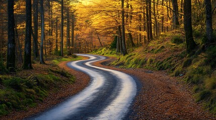 Obraz premium Winding Road Through Autumnal Forest Canopy