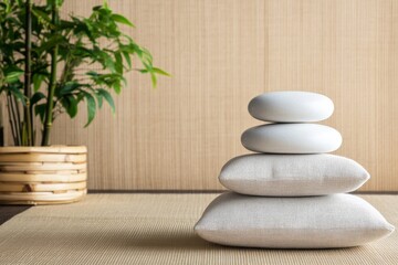 Balanced zen stacked stones and soft pillows in a tranquil indoor space