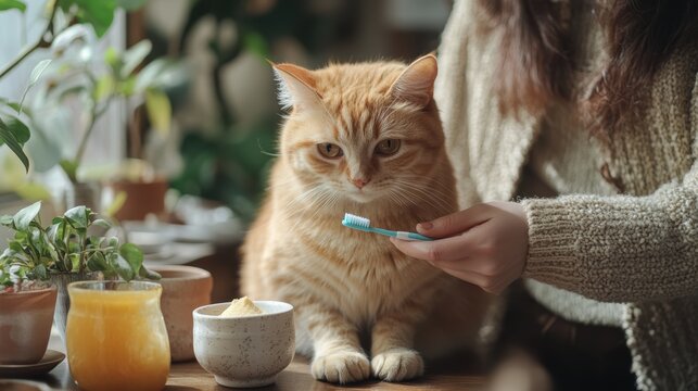 Dog grooming session with a specialized comb, soft background
