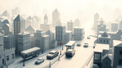 A foggy cityscape with miniature buildings and vehicles, evoking a serene urban atmosphere.