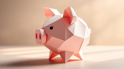 A geometric paper piggy bank in soft pink tones, symbolizing savings and financial goals.