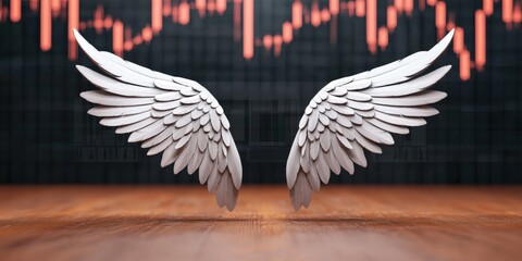 Obraz premium financial success freedom performance concept. A pair of white wings against a backdrop of financial graphs, symbolizing freedom and aspirations in the context of investment and growth.