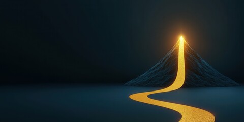 financial success freedom performance concept.  A glowing path leads to a luminous peak, set against a dark background, symbolizing aspiration and journey.