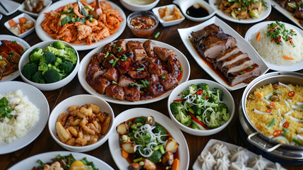 A table full of food with a variety of dishes including broccoli, rice, and meat