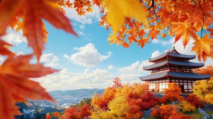 Fleecedeken met foto A vibrant autumn scene featuring colorful maple leaves surrounding a traditional pagoda against a clear blue sky. © WACHI