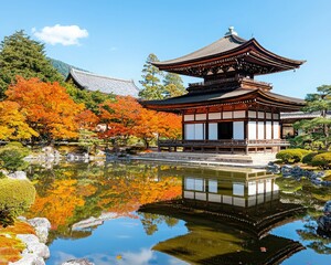 Obraz premium A serene Japanese temple surrounded by vibrant autumn foliage, reflecting beautifully in a tranquil pond.