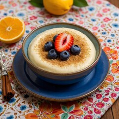 "Sweet Semolina Pudding: A Touch of Cinnamon and Fresh Fruit on a Vibrant Table Setting"