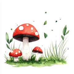 Three Red Mushrooms Growing in Green Grass