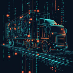 Digital truck illustration with neon lines and data patterns