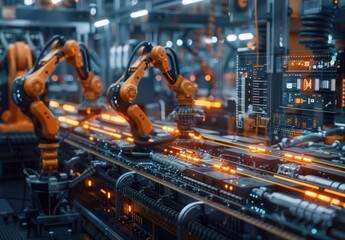 Naklejka premium Futuristic Automated Factory with Industrial Robots