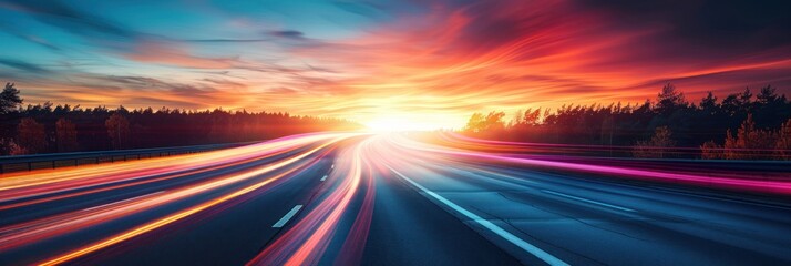 Highway at Sunset with Light Trails