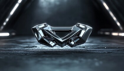 A bold futuristic logo design with sharp edges and metallic textures creating a strong visual impact