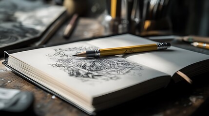 Fototapeta premium Sketchbook Drawing Pencil Landscape Artistic Creation
