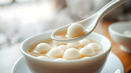 close up of a bowl of rice dumpling, tangyuan, with ginger syrup