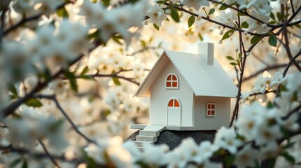A miniature house surrounded by blooming flowers, symbolizing home and nature's beauty.