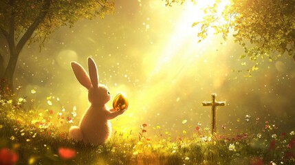 Fototapeta premium Detailed scene of a Bunny holding a golden egg near a shining cross on a bright, flower-filled meadow.
