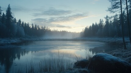 Fototapeta premium Finland dawn light over a frosted forest lake, serene reflections of golden skies and towering pines.