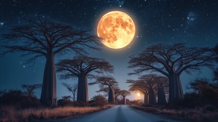 Naklejka premium A serene night scene featuring a road lined with baobab trees under a bright full moon.