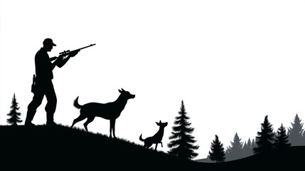 Hunter aiming with rifle and hunting dogs in forest silhouette