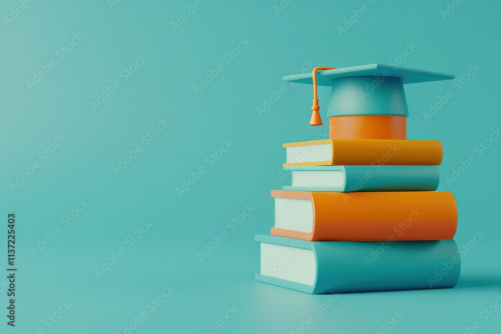 Poster stack of books with a cap on top of them