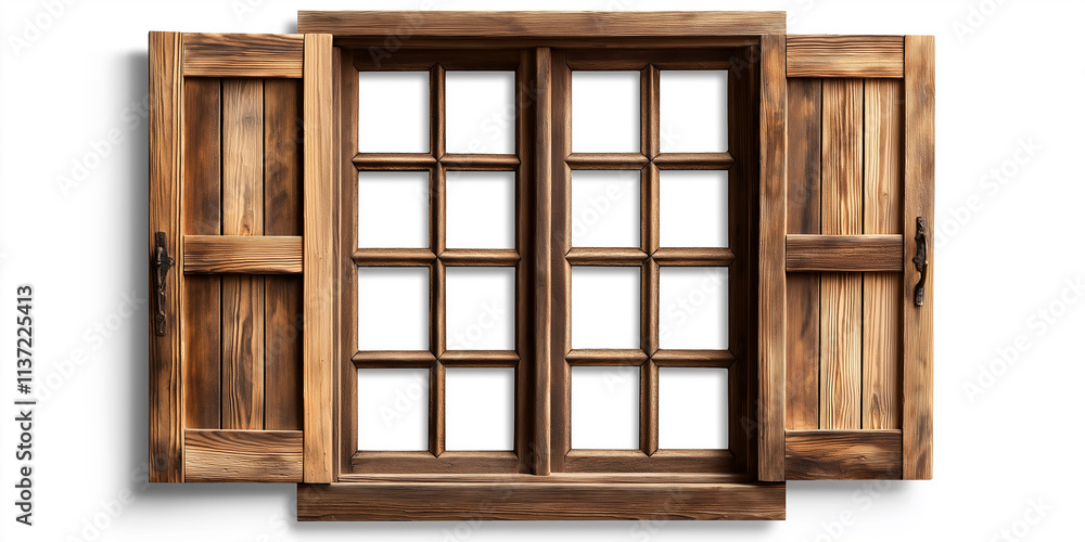 Poster Open old wooden window with shutters letting light in