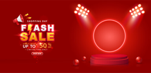 Flash sale with 3d podium and glowing circular neon lights. Vector illustration for shopping day promotion, special Offer, voucher, banner template, websites, social media advertising.