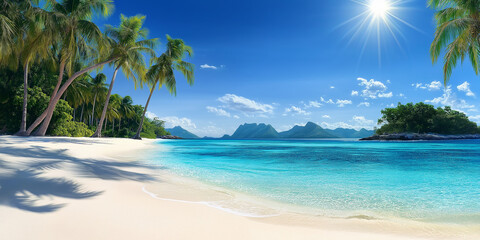 Sunny tropical beach with palm trees, white sand, and turquoise water